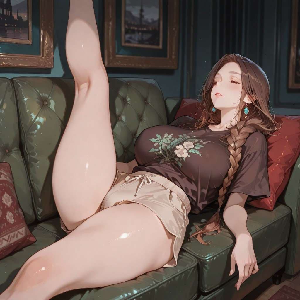 캐릭터 이미지 - lying on green couch, legs spread wide, wearing a dark floral t-shirt and light shorts, breasts expo