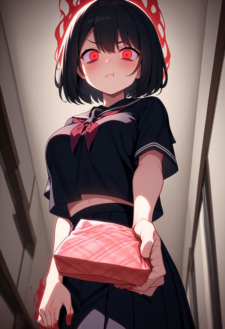 Charakterbild - shy expression, red eyes, holding a pink gift box, wearing a school uniform with a red ribbon, stand
