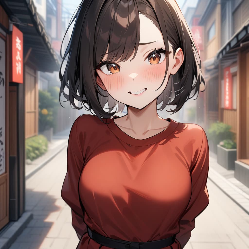 Gambar karakter - smiling shyly in traditional Japanese street, wearing long-sleeved red dress with black belt, fully