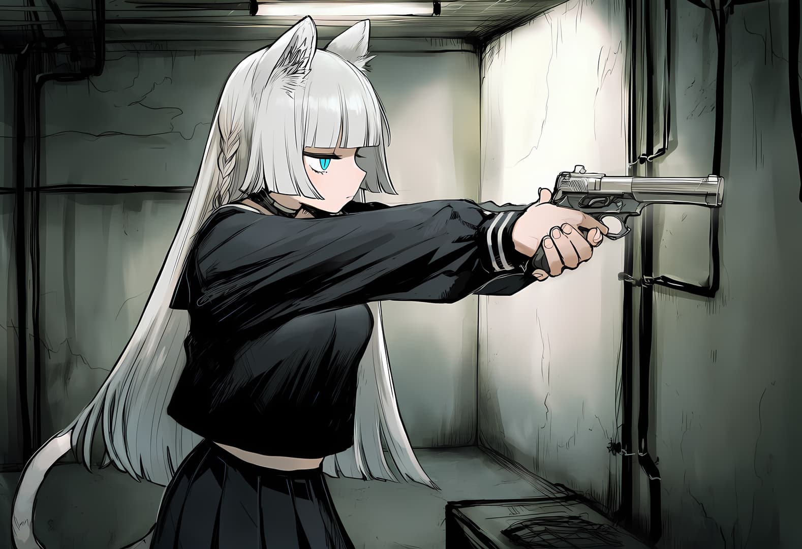 Obraz postaci - cat-eared girl with long white hair and blue eyes, holding a pistol in a tense aiming pose, wearing