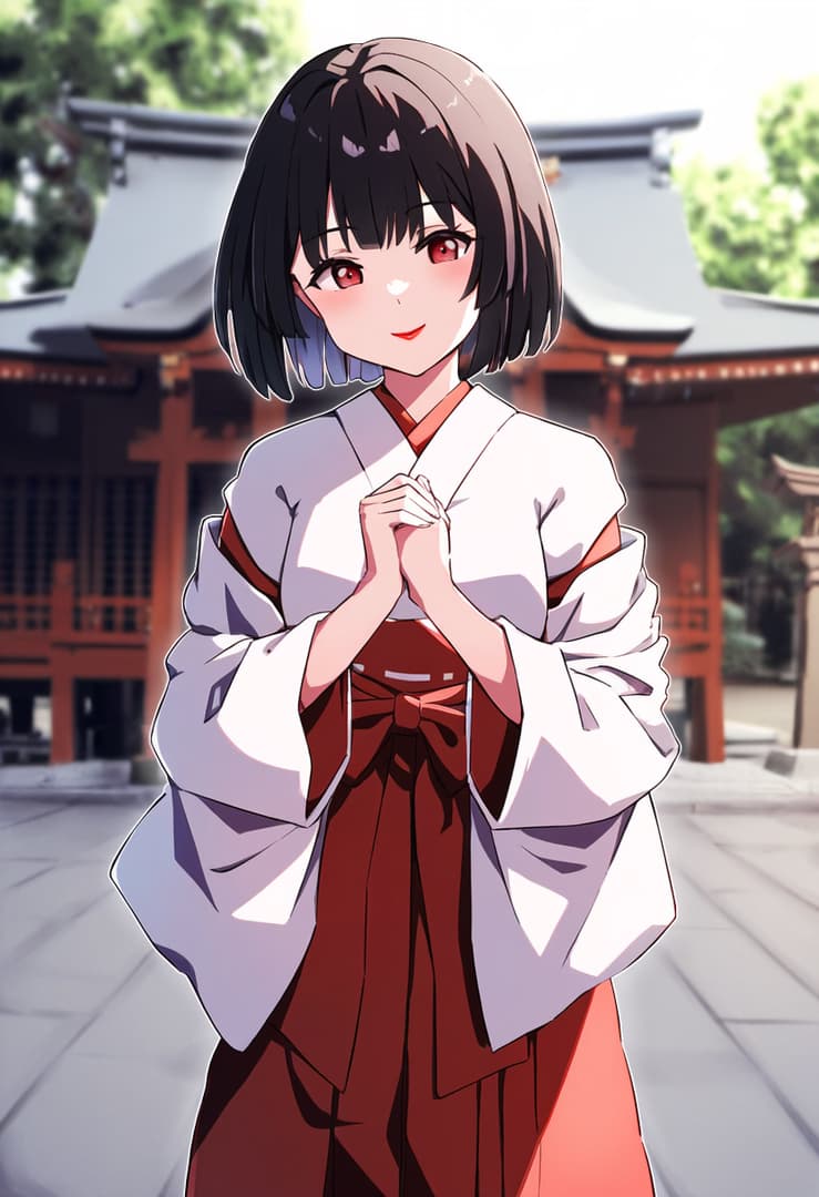Imagem do personagem - happy expression, hands clasped in front, standing outdoors at a Japanese shrine, wearing a white an