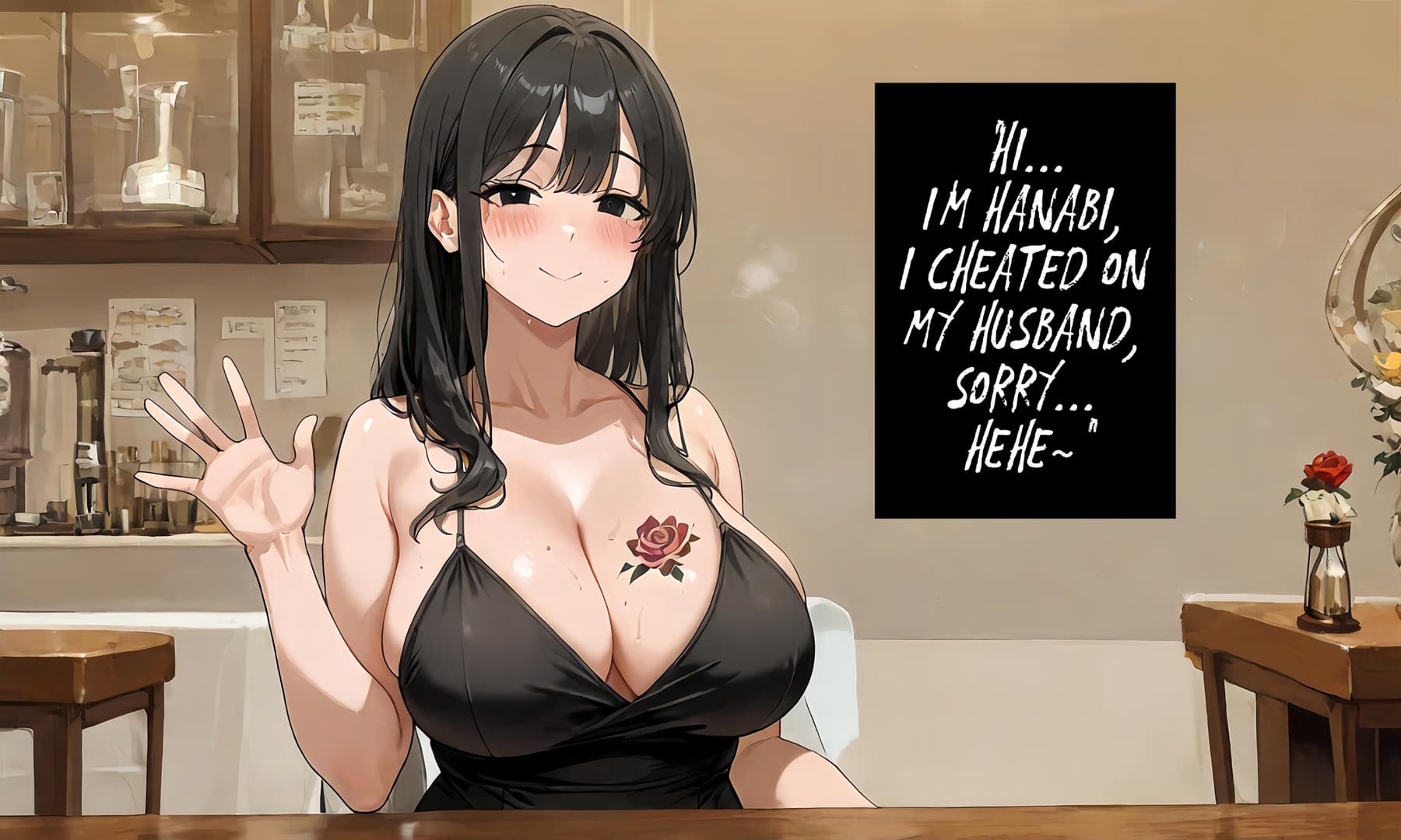 캐릭터 이미지 - sitting in cafe, wearing black bra, breasts exposed, rose tattoo on chest, smiling with blush, hand