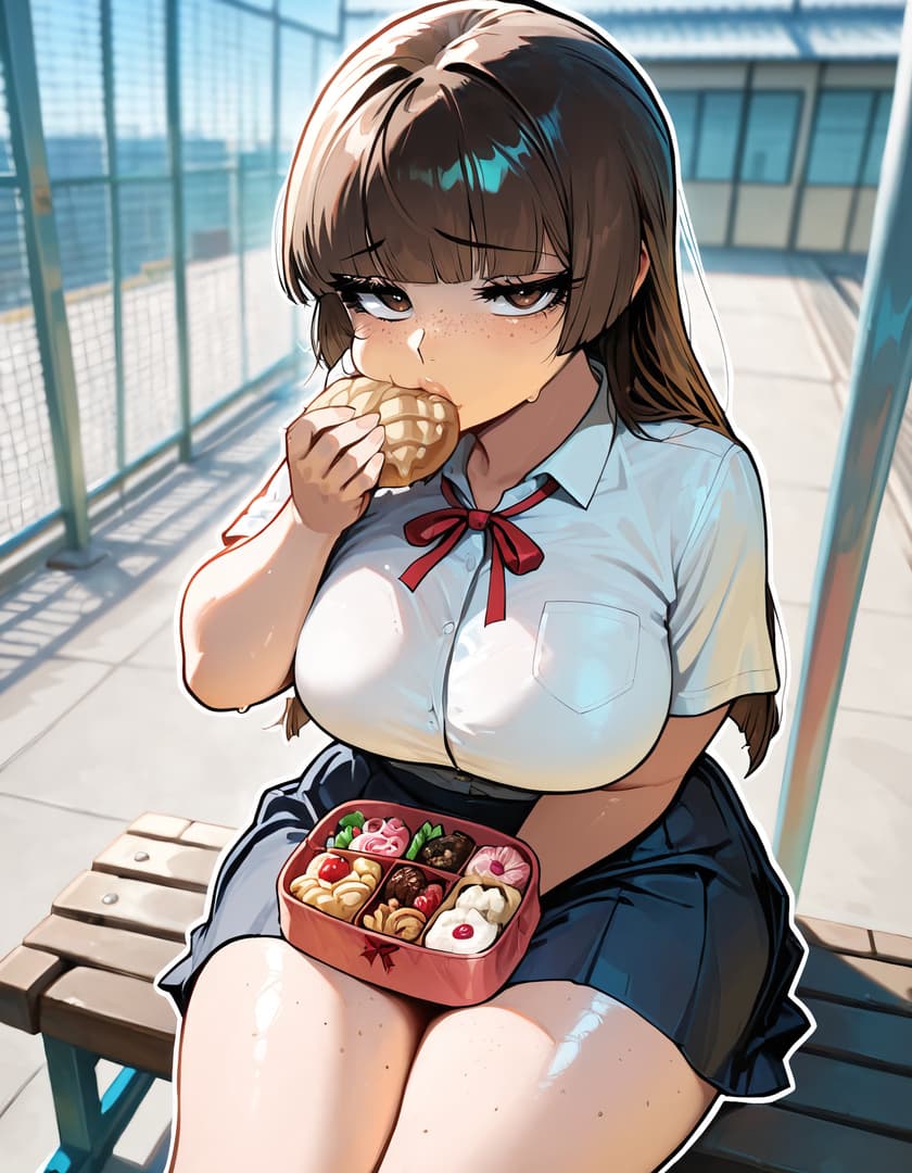 캐릭터 이미지 - sitting on bench outdoors, eating a snack with messy expression, wearing school uniform with red bow