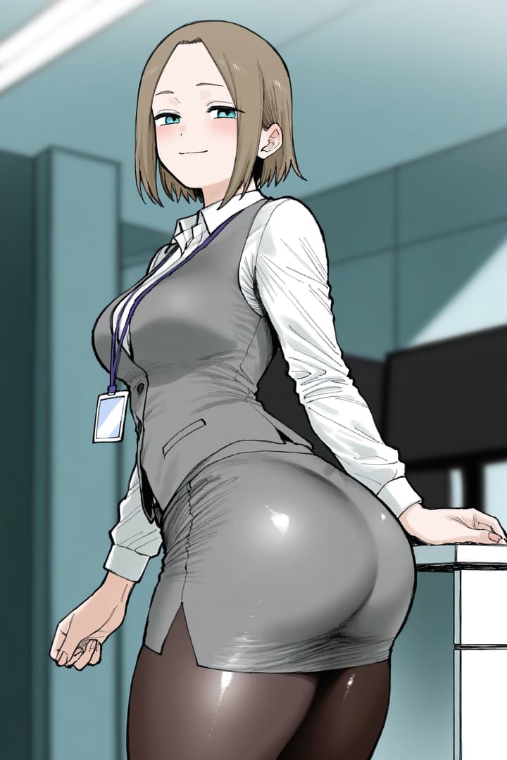 Immagine del personaggio - office setting, woman in business attire with short brown hair and blue eyes, wearing a white shirt