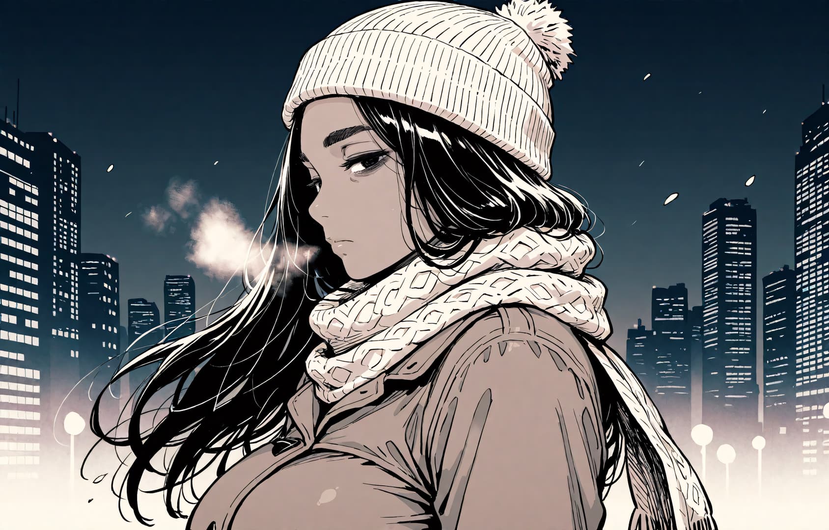 Charakterbild - cold night cityscape, woman in winter clothes, wearing white beanie with pom-pom, thick scarf, and c
