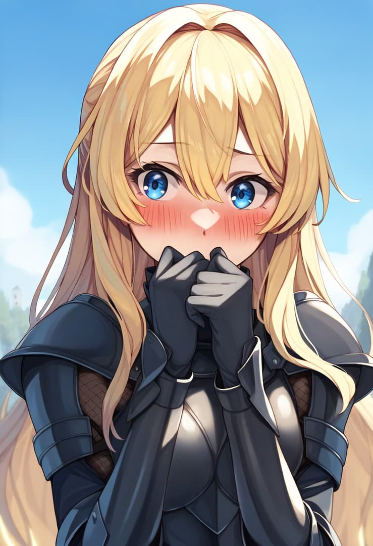 Karakter görseli - shy expression, blushing, hands covering mouth, blonde hair, blue eyes, wearing dark armor, outdoors