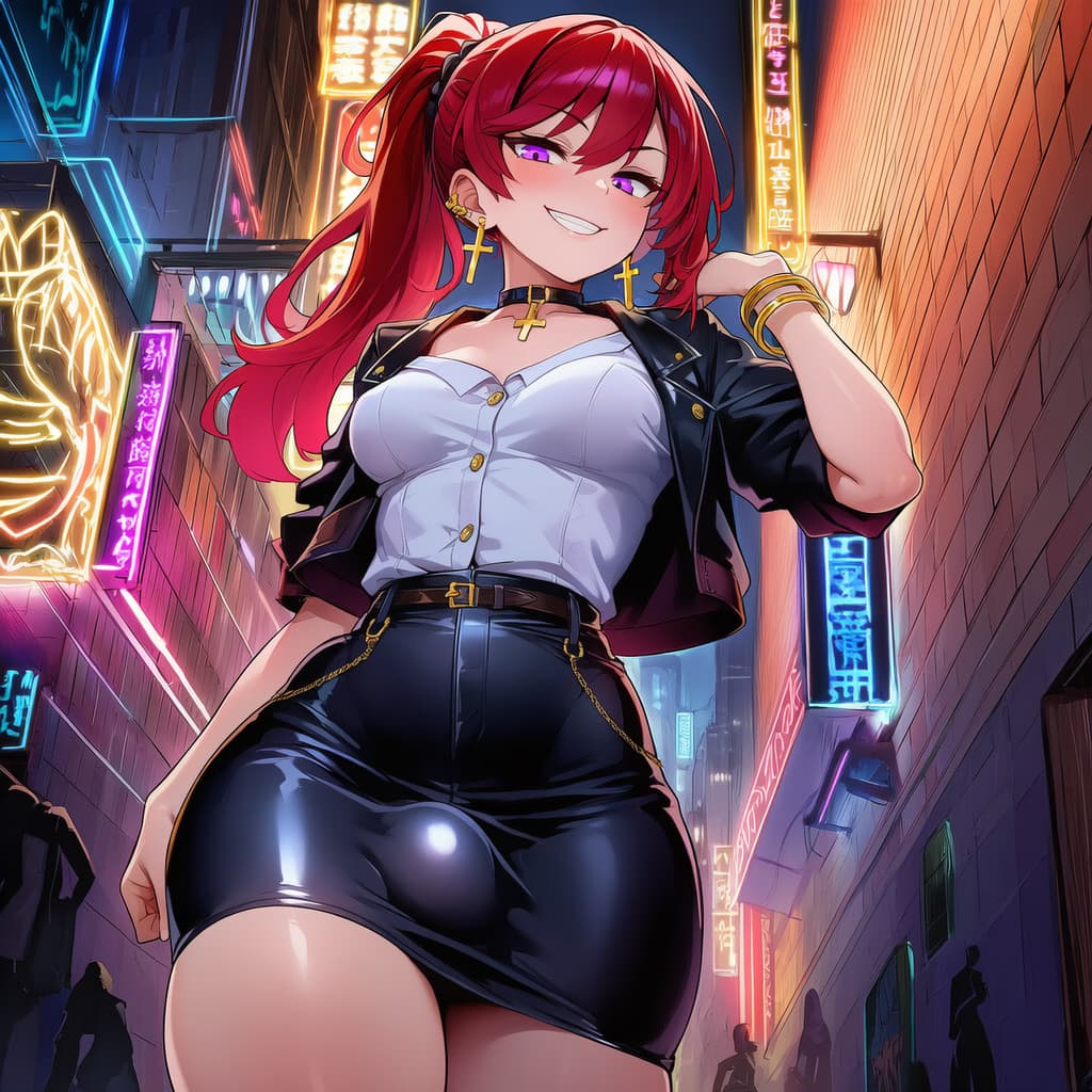 캐릭터 이미지 - red-haired woman in cyberpunk alley, smiling seductively, wearing white button-up shirt, black leath