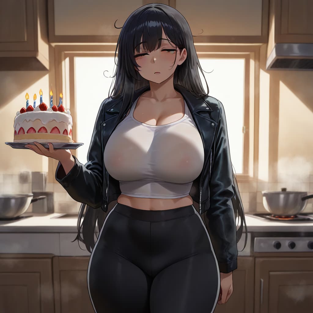 Immagine del personaggio - In kitchen, holding birthday cake with candles, wearing white crop top and black leather jacket, bla