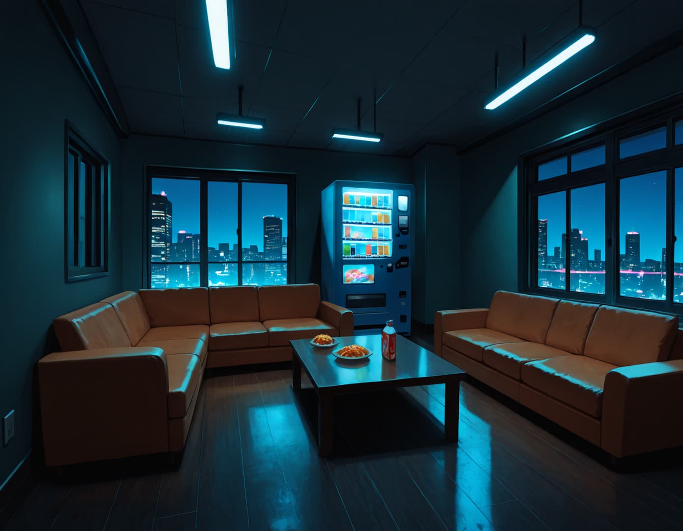 Charakterbild - This image does not contain any characters. It is a scene of a lounge area with two couches, a coffe