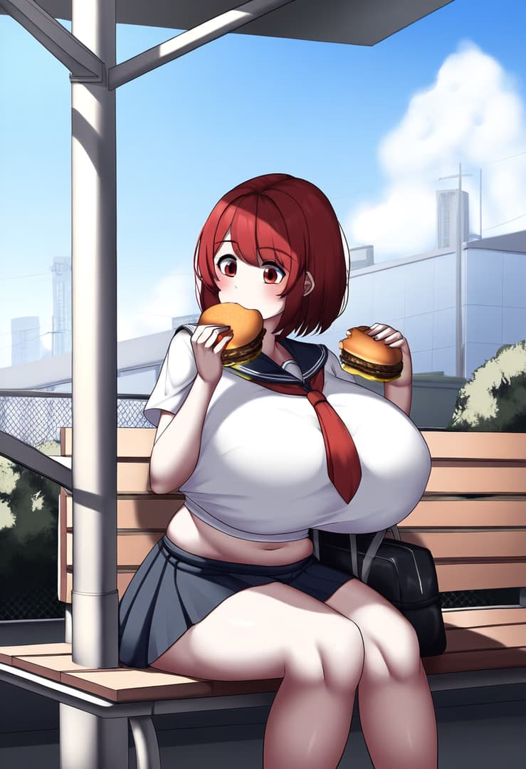 Karakter görseli - sitting on bench outdoors, eating hamburger, wearing school uniform with red tie, breasts exposed du
