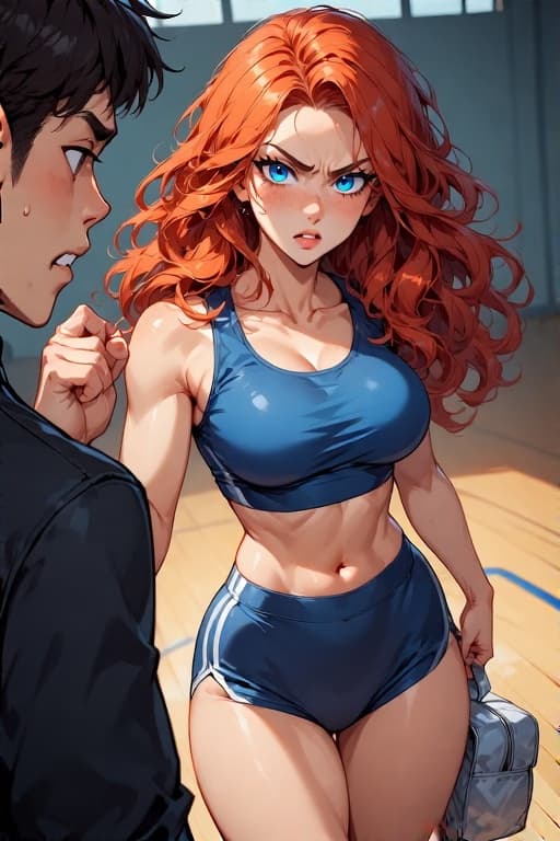 Obraz postaci - angry expression, standing in gym, wearing blue sports bra and shorts, holding gym bag, intense gaze