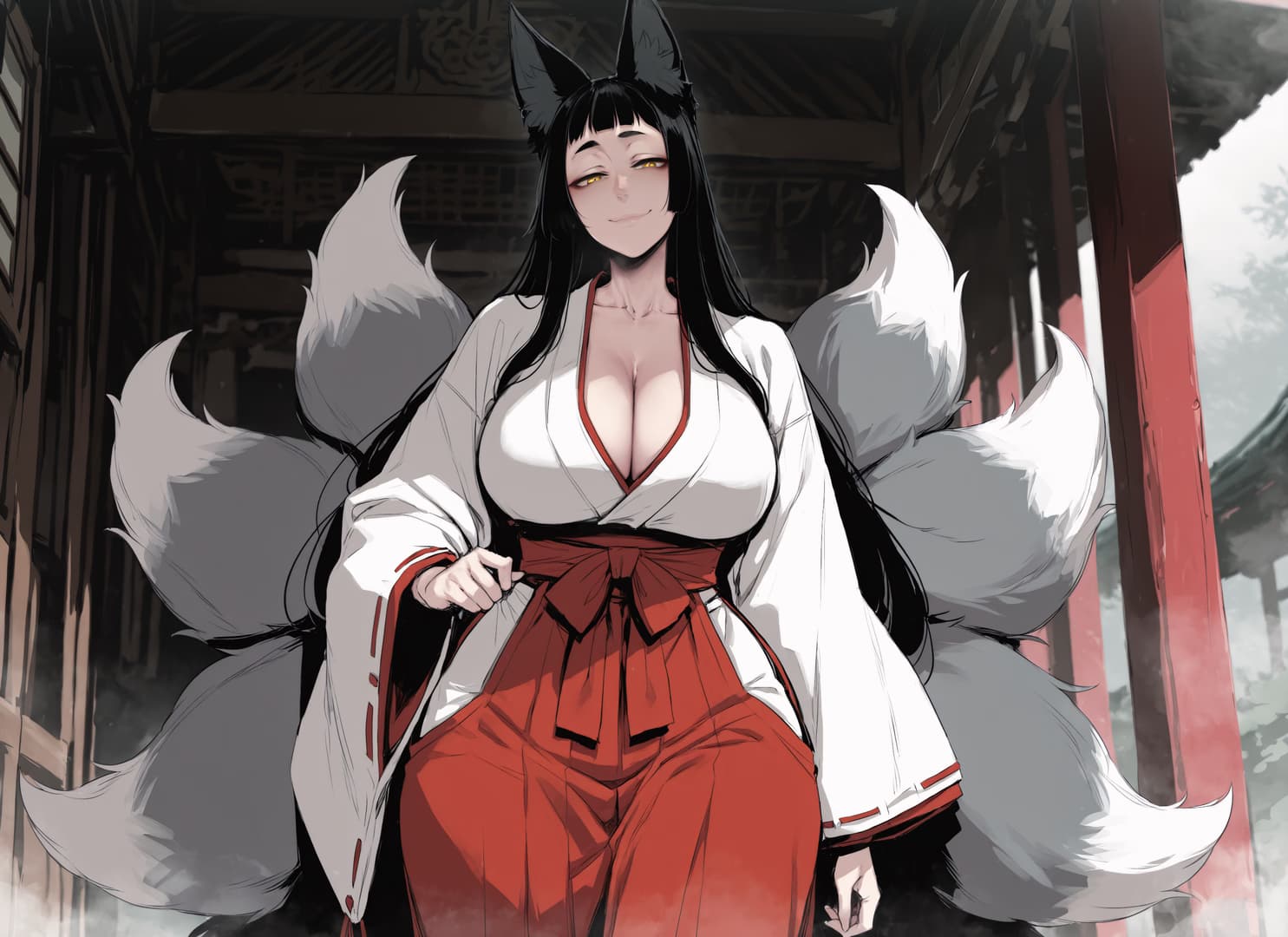 Charakterbild - standing in traditional shrine setting, fox ears and nine tails visible, wearing white kimono with r