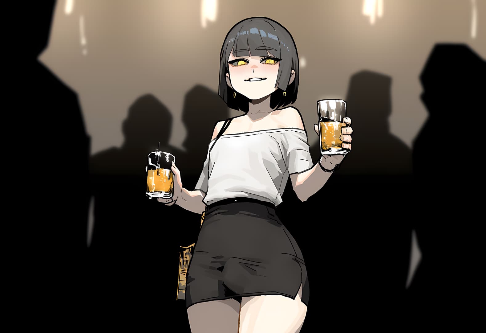 Karakter görseli - In a dimly lit bar, a woman with short black hair and yellow eyes holds two glasses of beer, one in
