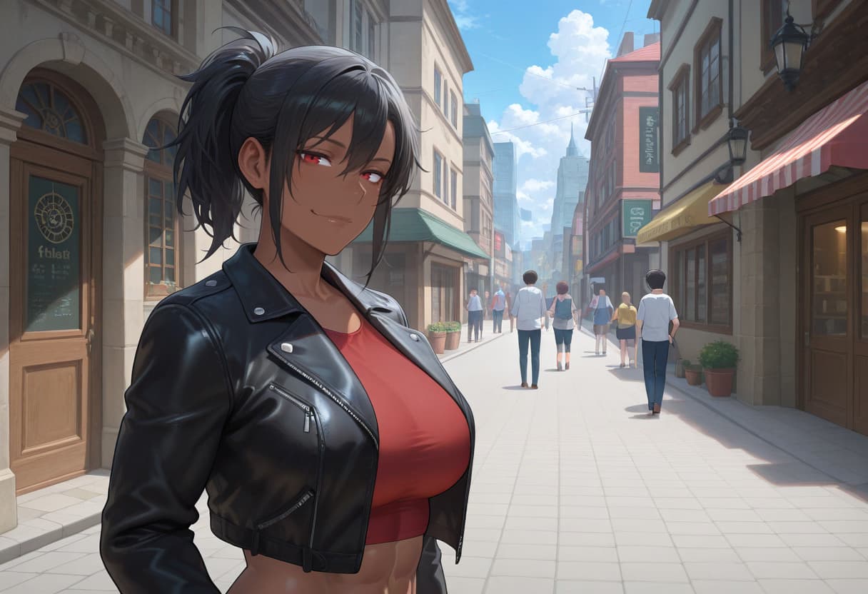 Charakterbild - confident smile in outdoor city street, wearing black leather jacket and red top, breasts exposed, s
