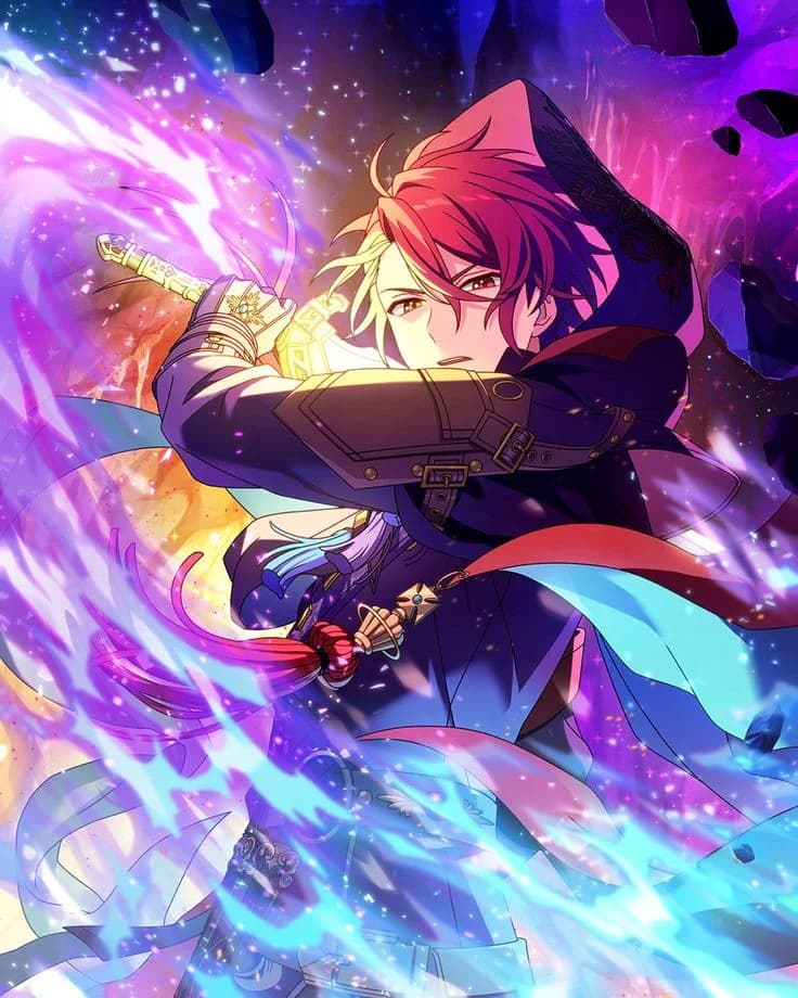 Charakterbild - battle-ready pose with glowing sword, intense focused expression, dark fantasy setting, fully clothe