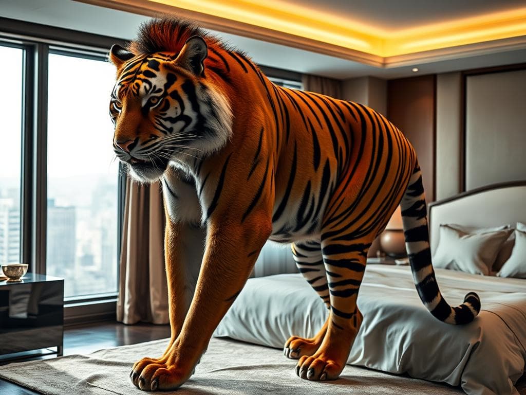 Imagen del personaje - tiger standing on a bed in a modern bedroom, fully visible with stripes and fur, intense focused exp