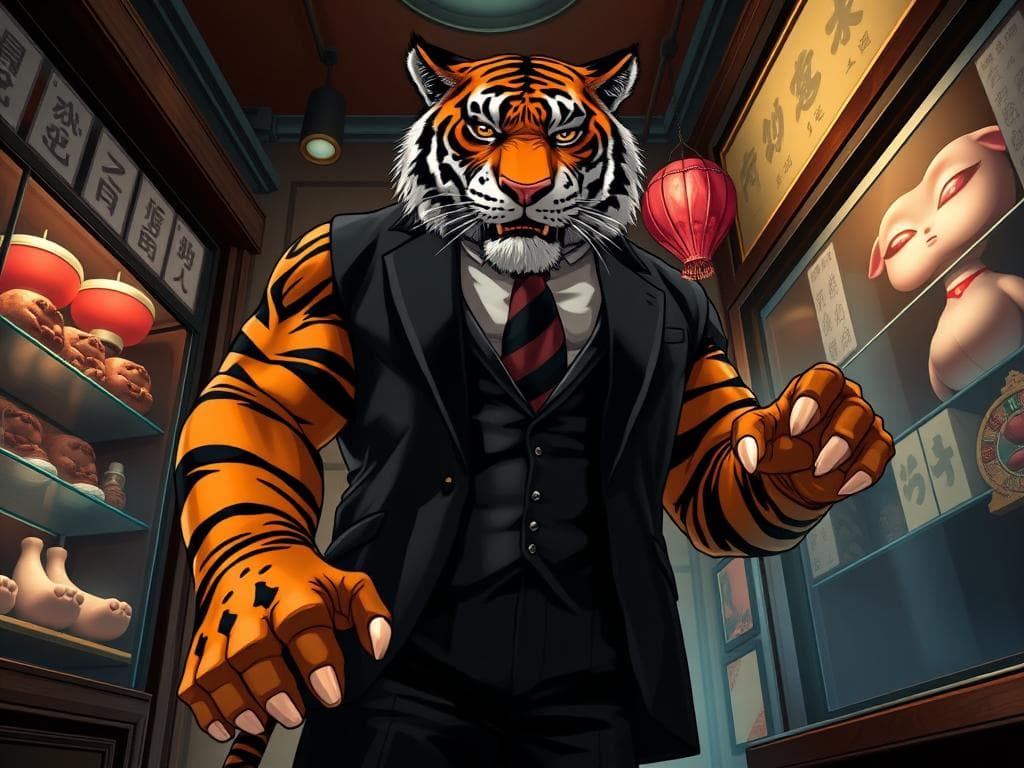 Imagen del personaje - tiger anthropomorphic character in a black suit, standing confidently in a traditional Asian shop, i